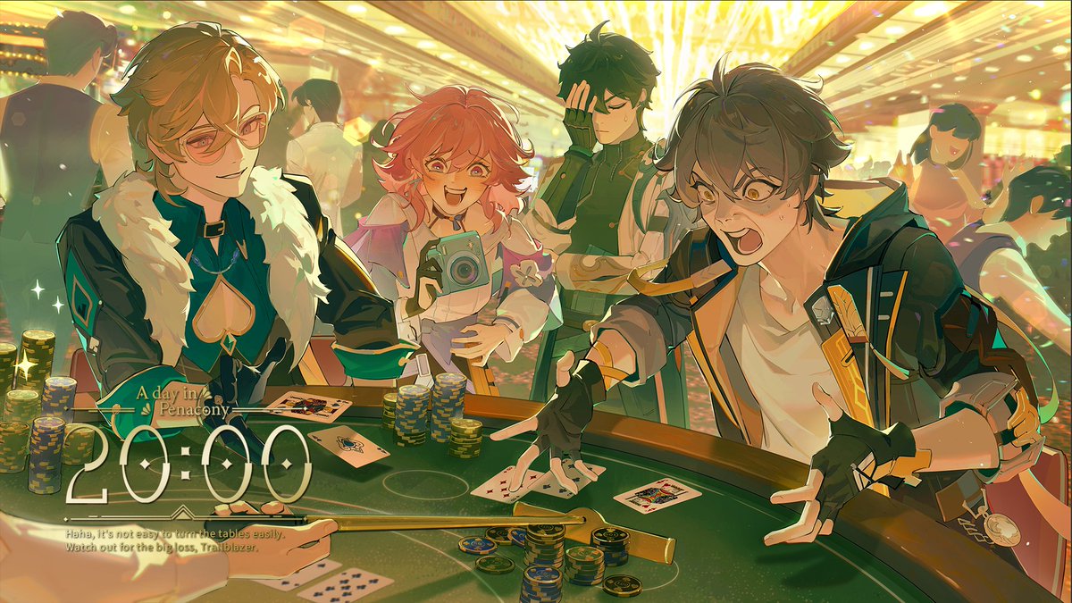 20:00, Caelus challenging Aventurine in a game of cards, failed miserably.

The next leg of the relay will be presented by <a href="/lalalalack/">lack</a>.

#スターレイル #HonkaiStarRail #ADayinPenacony #DiveIntoDreams
