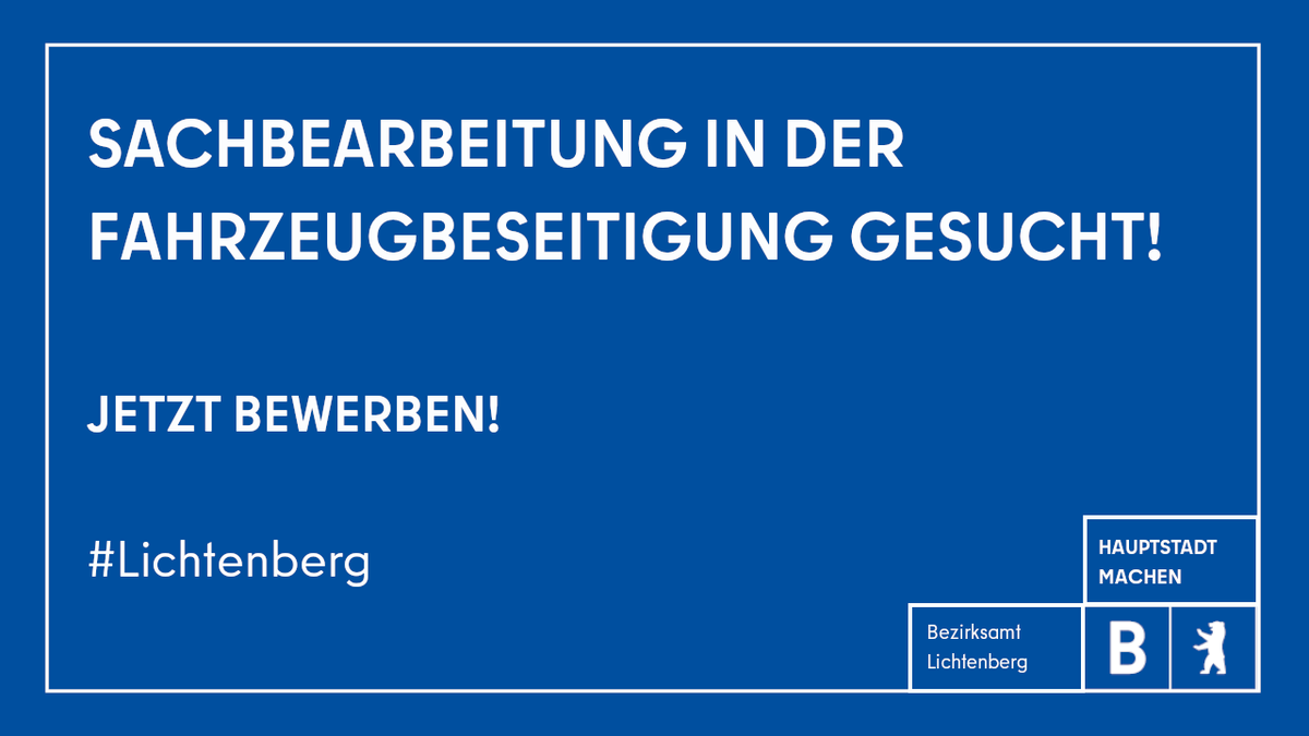 #Job #Bezirksamt #Lichtenberg Sachbearbeitung in der #Fahrzeugbeseitigung gesucht! ab sofort, unbefristet, Vollzeit Besoldungsgruppe: A 8 Stadthauptsekretär*in Entgeltgruppe: EG 9a TV-L Bis 15.03.2024 bewerben! #Stellenangebote #BerlinJobs karriereportal-stellen.berlin.de/Sachbearbeitun…