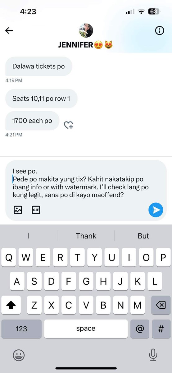 kazwybook's tweet photo. this is my friend inquiring to her about the available tickets and she said naman na Seats 10 and 11 naman daw available

BAT MAY 11 BIGLA JENNIFER SAN YON GALING???? 

so my friend told me about it which is super duper sus😭

🚩: the not increasing battery percentage+ https://t.co/gg0HIhAzSv