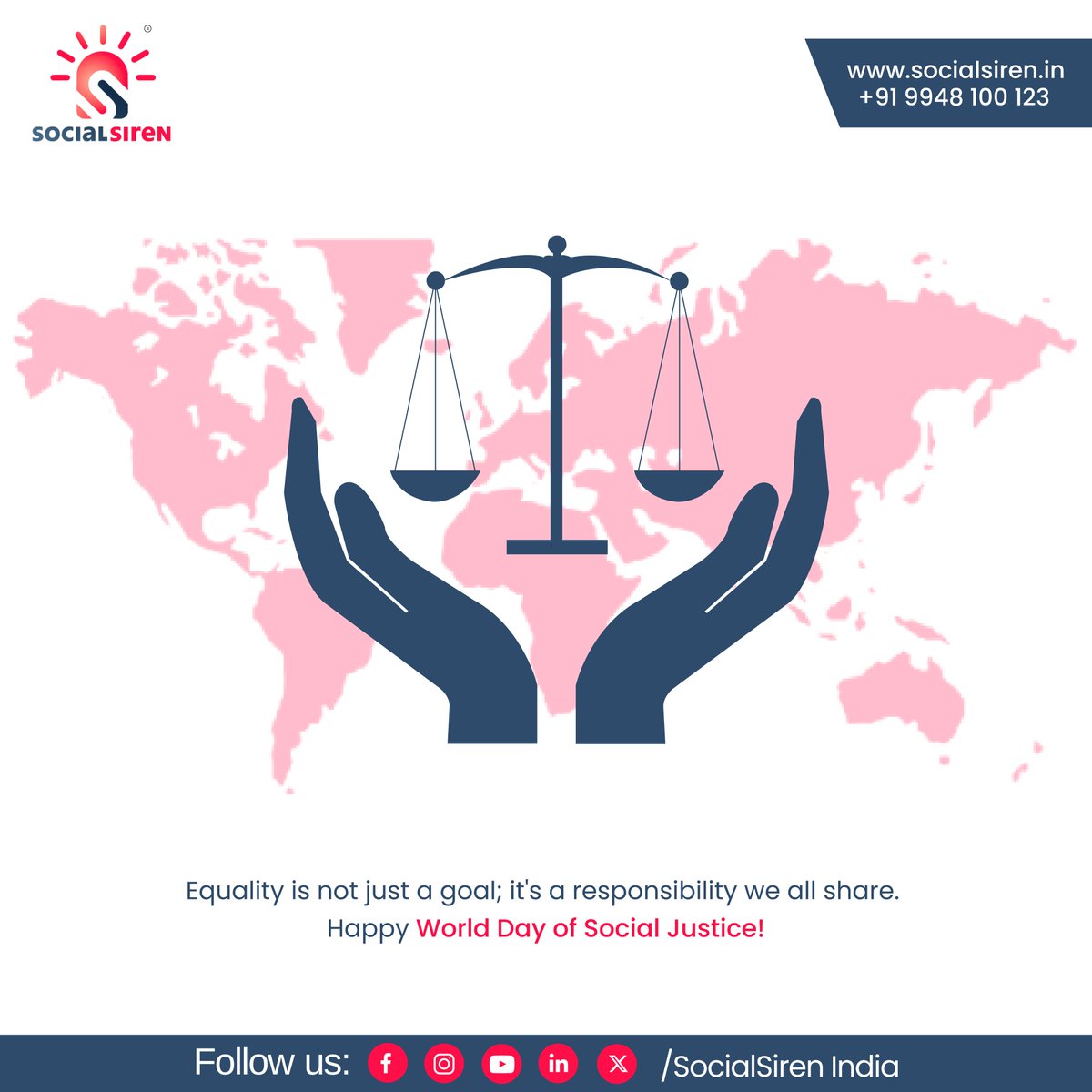 Equality is not just a goal; it's a responsibility we all share. Happy World Day of Social Justice! Let's strive for a world where justice and equality prevail.

#worldsocialjusticeday #equalityforall #TogetherForJustice #globalresponsibility

#SocialSiren #SocialSirenIndia
