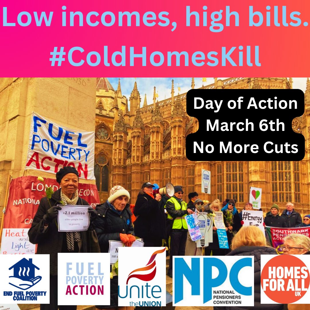 Resist the Spring Budget because #ColdHomesKill ❄️

Year after year we face thousands of avoidable deaths, it’s time to #Unite4EnergyForAll ☀️

Join the day of action on March 6th!

Contact e4a@fuelpovertyaction.org.uk to be connected with an event near you.

See below ⬇️