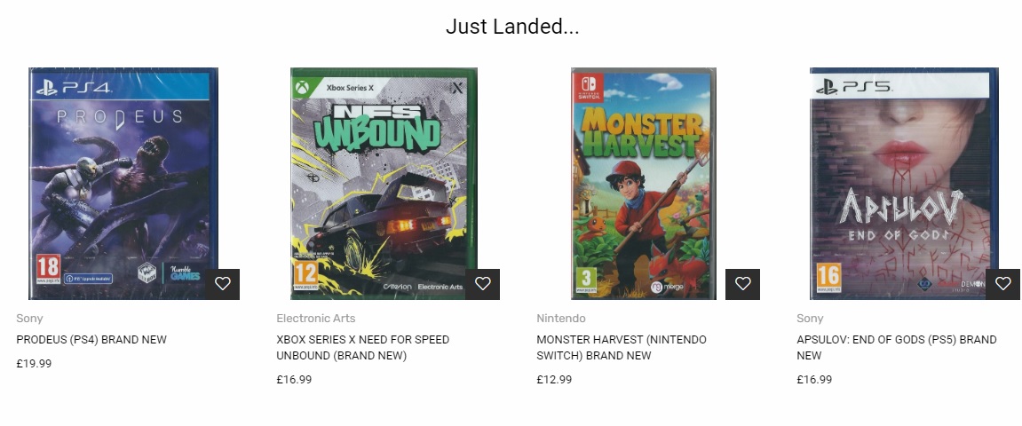 Just Landed
Babylon's Fall (PS5) BRAND NEW
Apsulov: End Of Gods (PS5) BRAND NEW
Monster Harvest (Nintendo Switch) BRAND NEW
Xbox Series X Need for Speed Unbound (BRAND NEW)
Prodeus (PS4) BRAND NEW

estreetshops.co.uk

#videogamestore #nintendoswitch #ps5 #xboxseriesx #ps4
