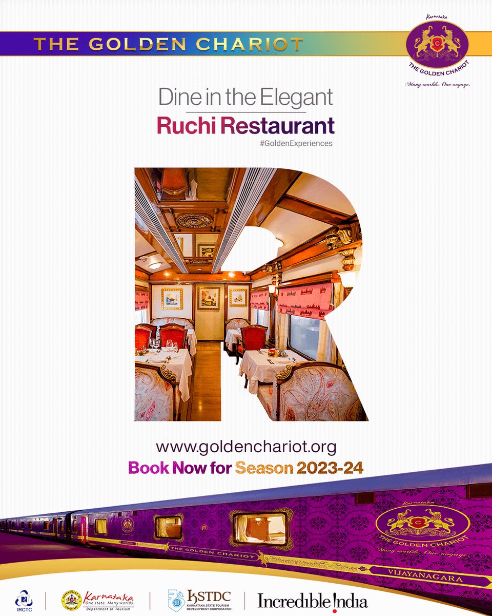 Dining in Ruchi aboard the #GoldenChariot is one of the #GoldenExperiences you must not miss.

Go to goldenchariot.org to experience it for yourself.

#LuxuryDining #TravelExperiences #travelindia #luxurytravel #SouthIndia #travellife #BucketListAdventure #IncredibleIndia