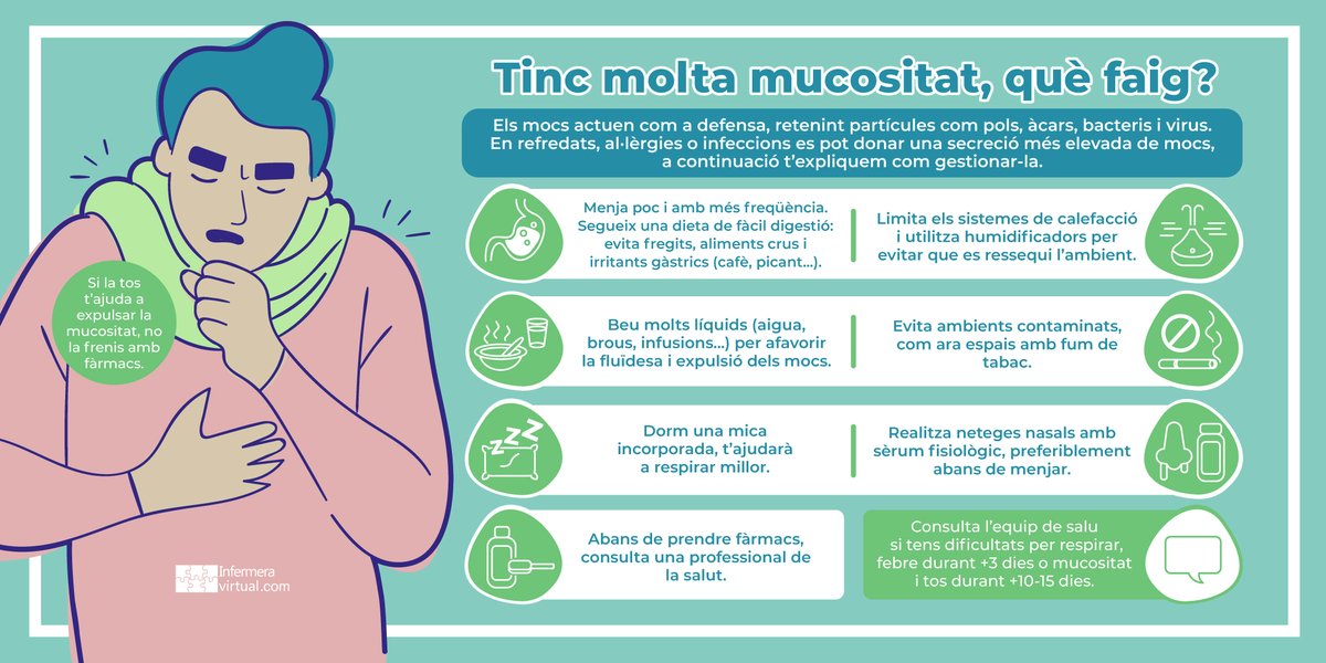infermeria's tweet photo. Tinc molta #mucositat 🤧, què faig?
😴Dorm incorporada
💧Manté l'ambient humit
🍴Menja poc i més sovint
🍵Beu molts líquids
👃🏻Fes neteges nasals
🚫🚬Evita el tabac
#tos #mocs #refredat
🔗https://t.co/BqmNZoZrFH https://t.co/ot4MoGZOnH