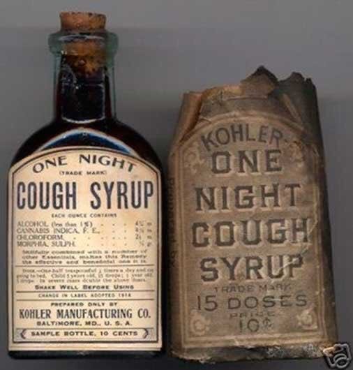 That would knock you out for the night! We wouldn't mind it during a cold actually.

One night cough syrup manufactured in 1888 - contained alcohol, cannabis, chloroform and morphine sulphate. 

 Source: @pastmedicalhistory  #historyofmedicine #history #medicine #coughsyrup