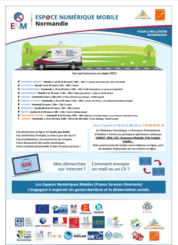Forjecnor2000's tweet photo. 👉 L'Espace Numérique Mobile poursuit 🚚sa route afin de vous venir en aide pour vos démarches en ligne et sera présent sur le territoire du #paysdebray pour le mois de Mars 2024 🚚
Venez nous y retrouver !

#illectronisme #numerique https://t.co/EZ34z2lyYR