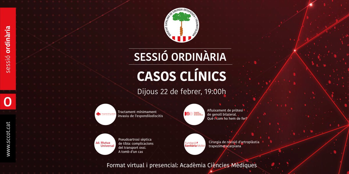 🔜  Nova sessió ordinària SCCOT

Aquest dijous, a les 19h, l'<a href="/Hospitaligd/">Hospital Universitari d'Igualada</a>, l'<a href="/GSS_Lleida/">Hospital Universitari Santa Maria</a>, la <a href="/MutuaUniversal/">Mutua Universal</a> i la <a href="/fsmhospital/">Fundació Sanitària Mollet</a> presenten aquests casos clínics 👇

Vine a l'Acadèmia o connecta't a: interacsalut.webex.com/interacsalut/j…

#SCCOT