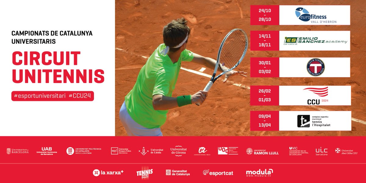 EsportsUPC's tweet photo. #UNITENNIS | Últim dia d'inscripcions a la 4a prova del circuit!
✔Modalitat individual i dobles.
📆Del 26 de febrer a 1 de març
📍 CMT Vall d'Hebron
📝Emplena el formulari i preinscriu-te a: https://t.co/VHGidmjiK5
#EsportsUPC #esportuniversitari @esportcatuni @FCatTennis https://t.co/EciQOLlm2y