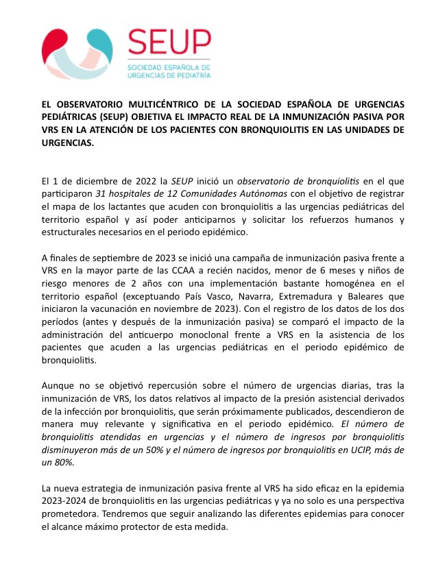 ‼️ El número de bronquiolitis atendidas en urgencias y el número de ingresos por bronquiolitis disminuyeron más de un 50% y el número de ingresos en UCIP más de un 80% en el primer año de inmunización a todos los lactantes menores de 6 meses según el observatorio de la SEUP.