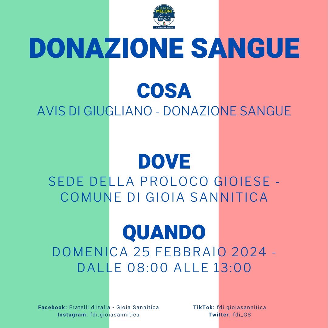 fdi_GS's tweet photo. DONAZIONE SAGUE

Domenica 25 febbraio 2024, dalle 8:00 alle 13:00, presso la sede della Pro Loco Gioiese

"Io ho quel che ho donato" https://t.co/ngNFQMLd3s