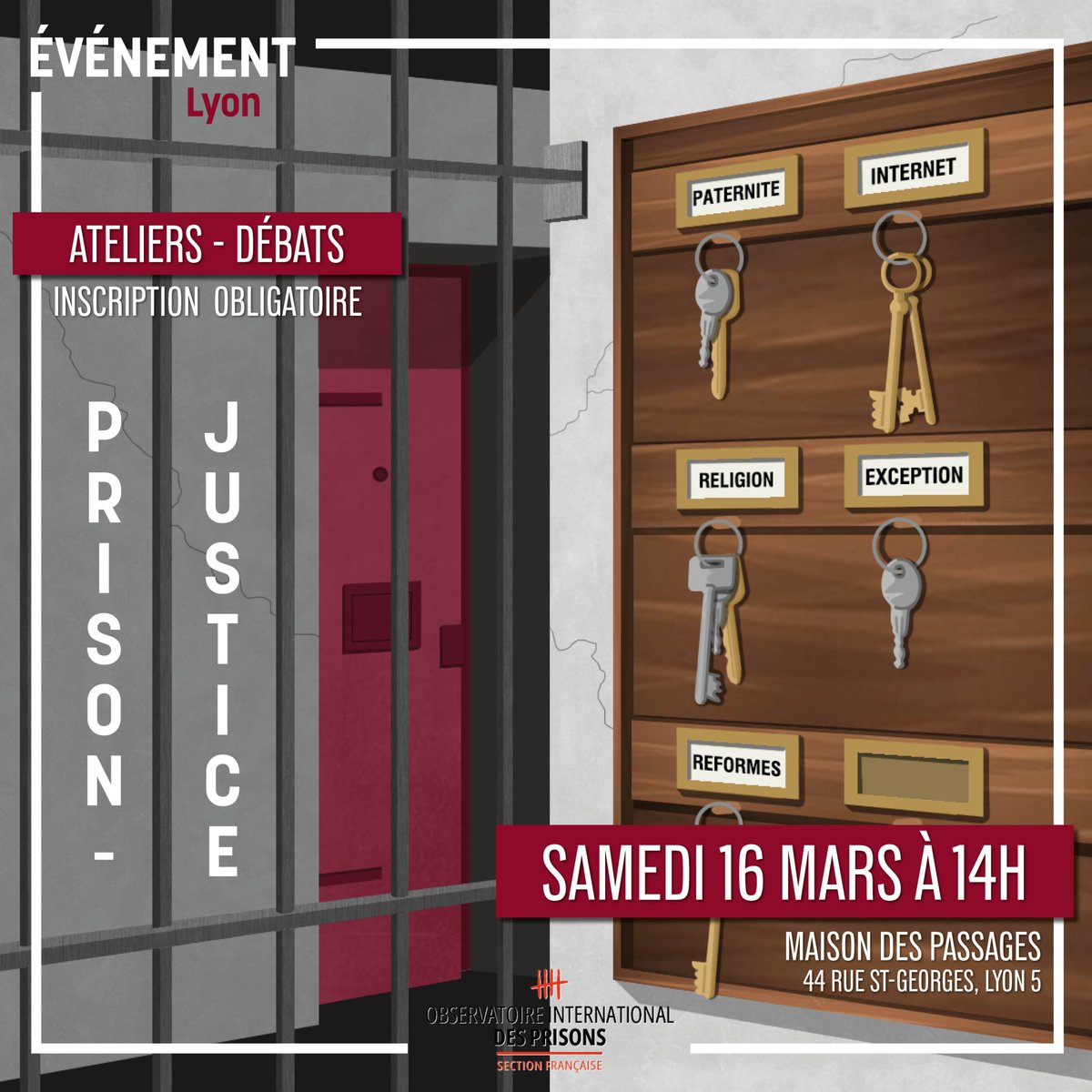 CharlineBecker_'s tweet photo. 🗓️Le 16 mars à Lyon, c'est les journées prison - justice !
Avec notamment une table ronde incroyable et d'actualité : quel(s) impact(s) des faits-divers et de l’actualité sur les politiques pénales et les magistrats ?

Pour s'inscrire : https://t.co/wx4g4xTypK

@OIP_sectionfr https://t.co/DNFJ5jJ3o9