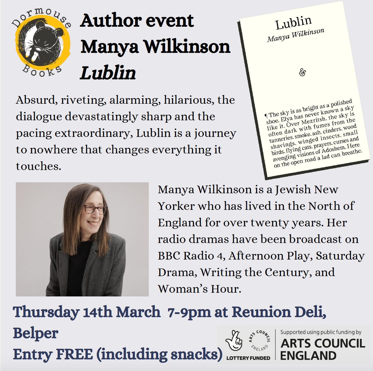 Delighted to announce that we have Manya Wilkinson visiting on March 14th to discuss Lublin! Published by @andothertweets FREE EVENT including amazing food from Reunion Deli (we'd appreciate you letting us know if you're coming in advance).