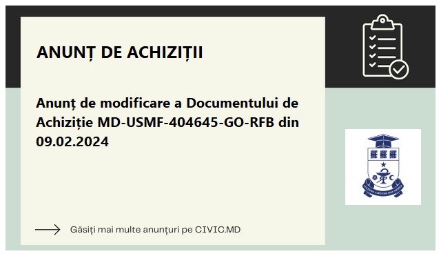 monitorulcivic's tweet image. 🌟 The State University of Medicine and Pharmacy "Nicolae Testemițanu" announces a modification to the procurement document MD-USMF-404645-GO-RFB from 09-02-2024. Stay updated on the latest opportunities at #USMF #civicmd.

Link: civic.md/anunturi/achiz…
…