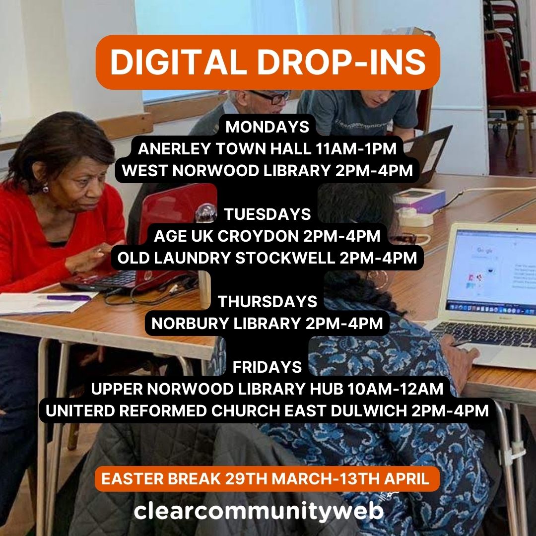 ClearCommunity's tweet photo. Our Digital Drop-In schedule is back this week. Come along for help with things like
✔ Setting up accounts
✔ Installing apps
✔ Resetting passwords
✔ Being safer online
✔ Transferring files
✔ Checking for problems
✔ Starting at the beginning

#DigitalDropIn #DigitalSupport https://t.co/XzIJ9VAKoR