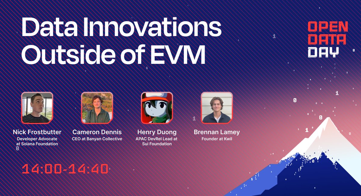 Open Data Day - February 28th - #EthDenver Version

🌟Panel Spotlight🌟 

🎙️Topic: "Data Innovations Outside of EVM"
🗣️ Panelists: 
1. Nick Frostbutter <a href="/nickfrosty/">Nick Frostbutter | Decal & 🐠</a>, Developer Advocate at <a href="/SolanaFndn/">Solana Foundation</a> ; 
2. Cameron Dennis <a href="/Cameron_Dennis_/">Cameron.near</a> , CEO at @Banyan_NEAR ; 
3. Henry Duong