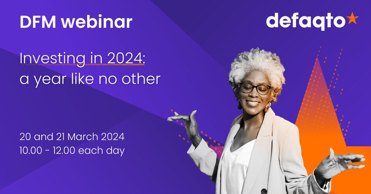 Introducing the Defaqto DFM webinar: Investing in 2024 - a year like no other, taking place on the 20th &amp; 21st March. Hear from experts at Defaqto, Quilter, Bordier, Momentum, AKG, RBC &amp; Brewin Dolphin, discussing the benefits of using DFMs: bit.ly/3SZ2el4 #DFM
