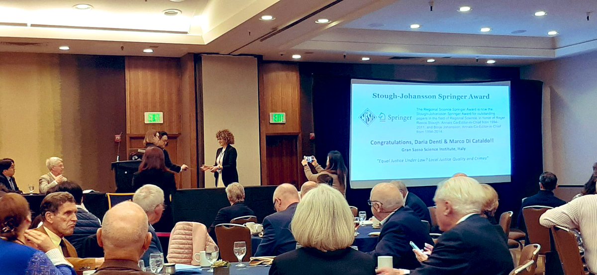 .<a href="/theWRSA/">WRSA</a> conference wrap-up 2.

🏆🥇The 28th Stough-Johansson Springer Award for the Best Paper assigned by <a href="/theWRSA/">WRSA</a> &amp; Annals of Regional Science was given to <a href="/dariadenti/">daria denti</a> &amp; <a href="/m_dicataldo/">Marco Di Cataldo</a> for the paper "Equal Justice Under Law?Local Justice Quality and Crimes"