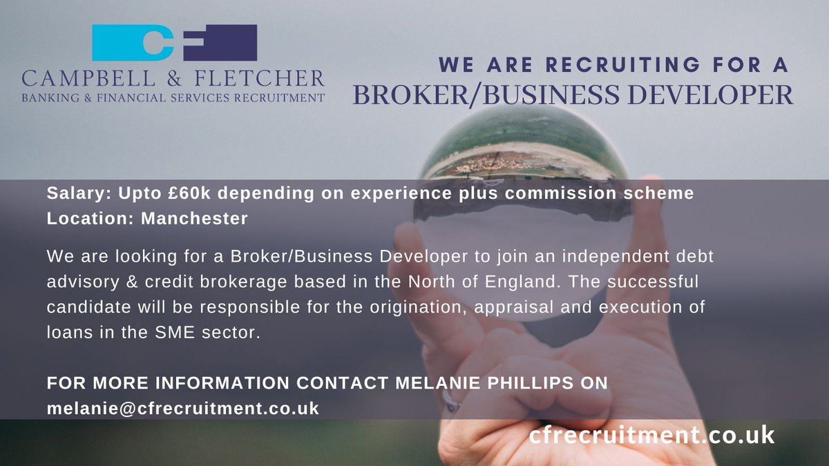 NEW ROLE - We are recruiting for BROKER/BUSINESS DEVELOPER based in MANCHESTER. For more information visit cfrecruitment.co.uk
#financejobs #lendingsolutions #talentattraction #manchesterjobs