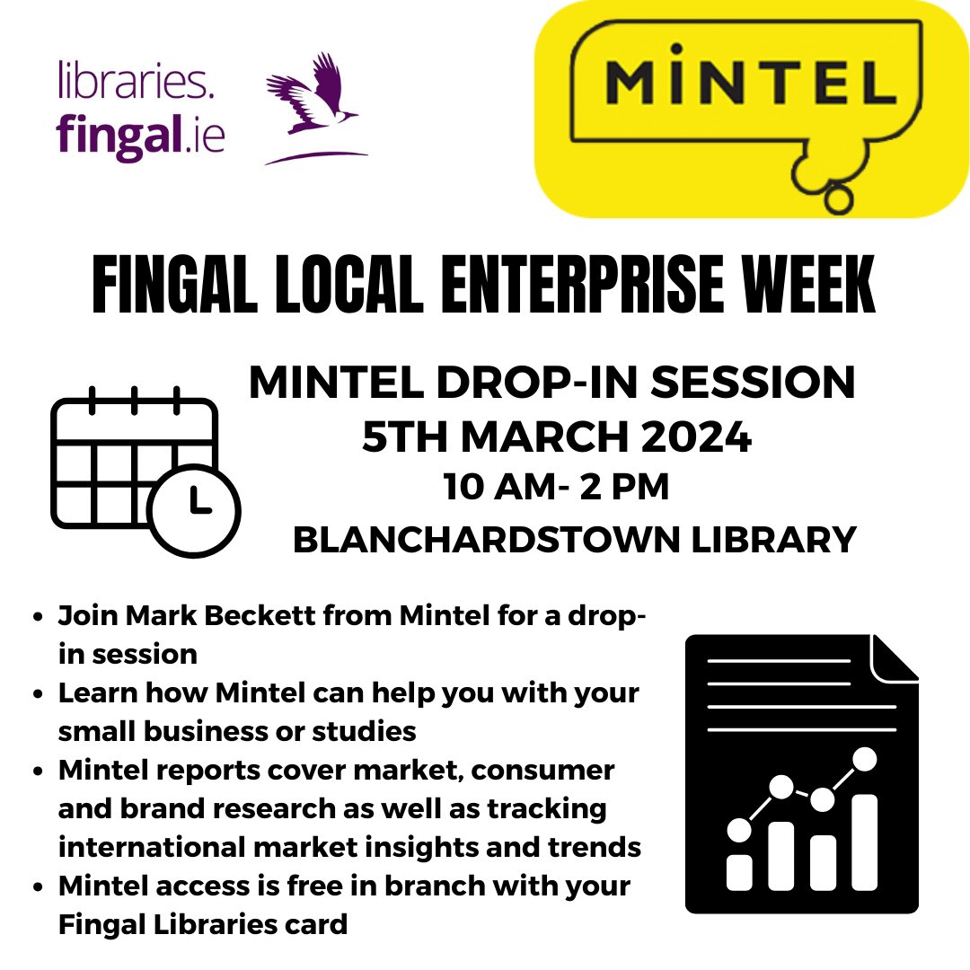 fingallibraries's tweet photo. Mintel Drop-in Information Session

Blanchardstown Library - 5th March 10am-2pm

Learn how Mintel can help you with your small business or studies

#Mintel https://t.co/oumYUB5ls7