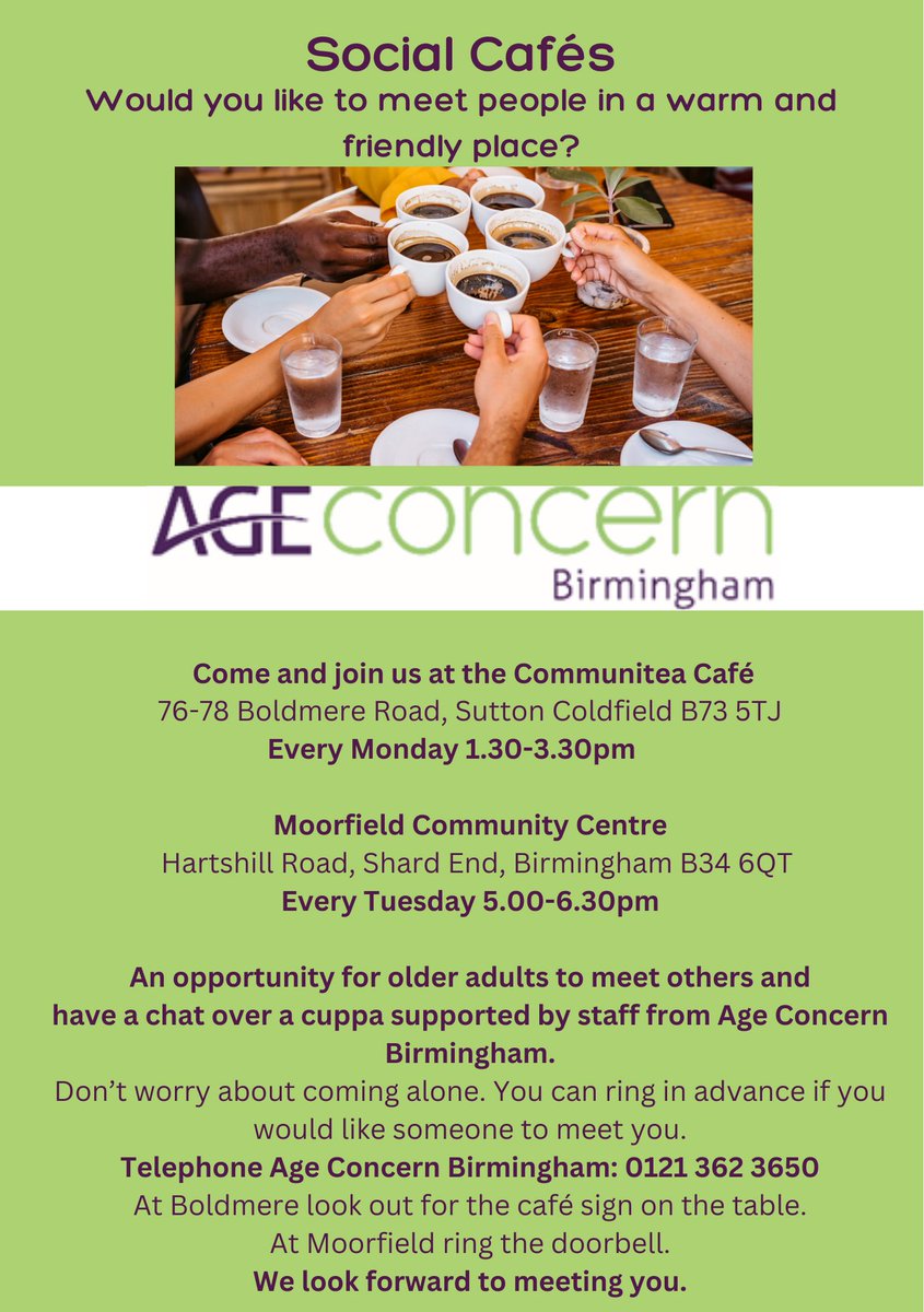 Would you like to meet people in a warm and friendly space? We have a new series of Social Cafes starting this week, the first one of which starts today 1.30-3.30pm in the Communitea Cafe, Boldmere.