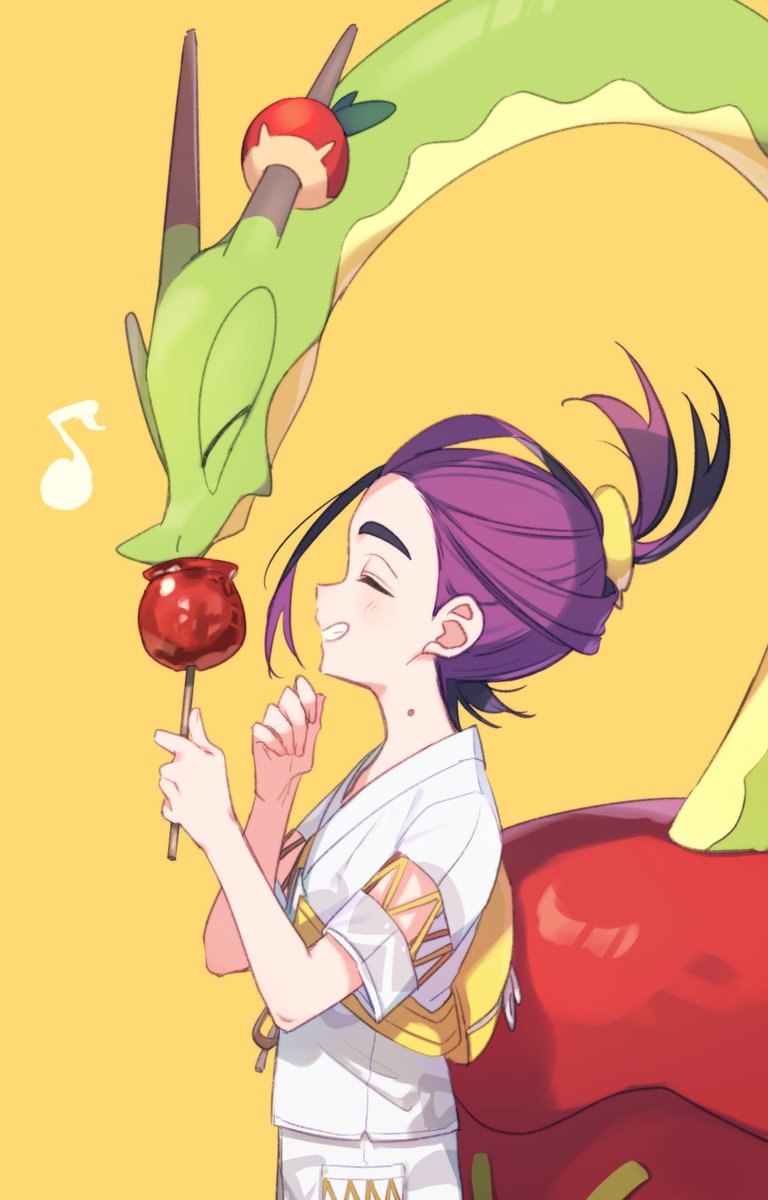 kieran (pokemon) food closed eyes smile candy apple purple hair yellow background pokemon (creature)  illustration images