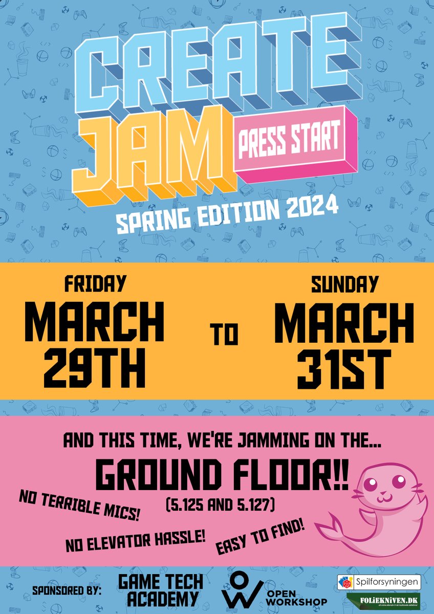 createjamdk's tweet photo. Create Jam Spring 24 will take place on the ground floor of Create AAU (and online!) from March 29th to March 31st!
Get hyped! Get excited! And stay tuned for the theme reveal!! 👀
#createjam #createjamspring24 #dkgame https://t.co/6JrOAUuZFC