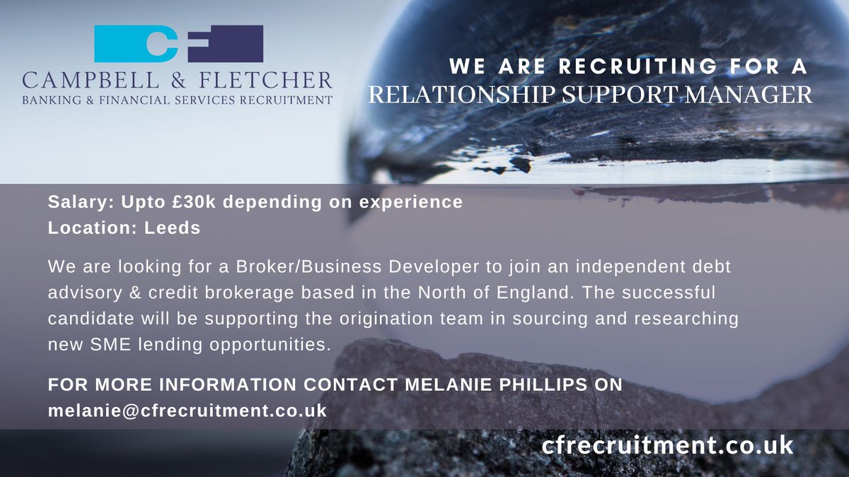 NEW ROLE - We are recruiting for RELATIONSHIP SUPPORT MANAGER based in LEEDS. For more information visit cfrecruitment.co.uk
#financejobs #lendingsolutions #talentattraction #leedsjobs