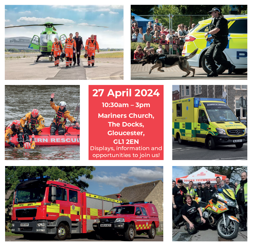 🚨 EMERGENCY SERVICES VOLUNTEER EVENT 🚨 📅 April 27, 2024 🕰️ 10:30 am–3 pm 📍 Mariners Church, The Docks, Gloucester, GL1 2EN Join us! Explore volunteering with Gloucestershire Constabulary, Air Ambulance, Ambulance, NHS, Fire & Rescue, and SARA. More: fb.me/e/1EYquTiTf