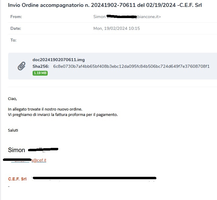 JAMESWT_WT's tweet photo. "Invio Ordine Accompagnatorio" spread #AgenTesla
IMG>bat>url>script
Samples
https://t.co/BS6dKivXaZ
#Compromised domain > @serverplan 
https[:]//antuofermo[.]it/G12.txt
ExFil SMTP sslout.]de
service@cosmedicus[.de
AnyRun
https://t.co/vTE6b1U3xo https://t.co/5ZGP7UEJHb