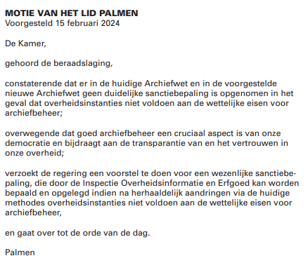 Bravo: motie voor een "wezenlijke sanctiebepaling" in de Archiefwet. En dan ook graag op het niveau van de decentrale overheden.
tweedekamer.nl/kamerstukken/m…