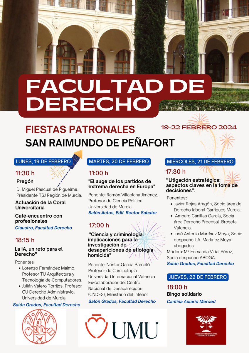 Hoy, 19 de febrero, en el marco de las fiestas patronales de nuestra Facultad, tendrá lugar el pregón, de la mano de D. Miguel Pasqual del Riquelme, Presidente del TSJ Región de Murcia. Estos días, se realizarán distintas charlas, sobre temas de actualidad ¡os animamos a asistir!