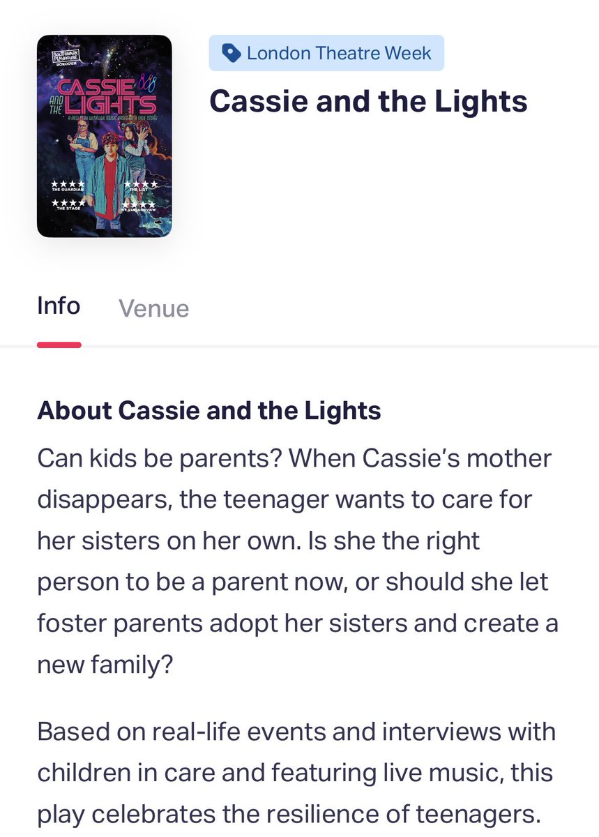 we’re on <a href="/todaytix/">TodayTix</a> !!🎟️🎟️🎟️

book NOW for some great discounts thanks to London Theatre Week!🎳✨

#londontheatre #play #offwestend #london #theatre #britishtheatre #care #caresystem #sisters #adoption #westend #westendtheatre #theatre #actor #theatrelife #youngpeople #caresystem