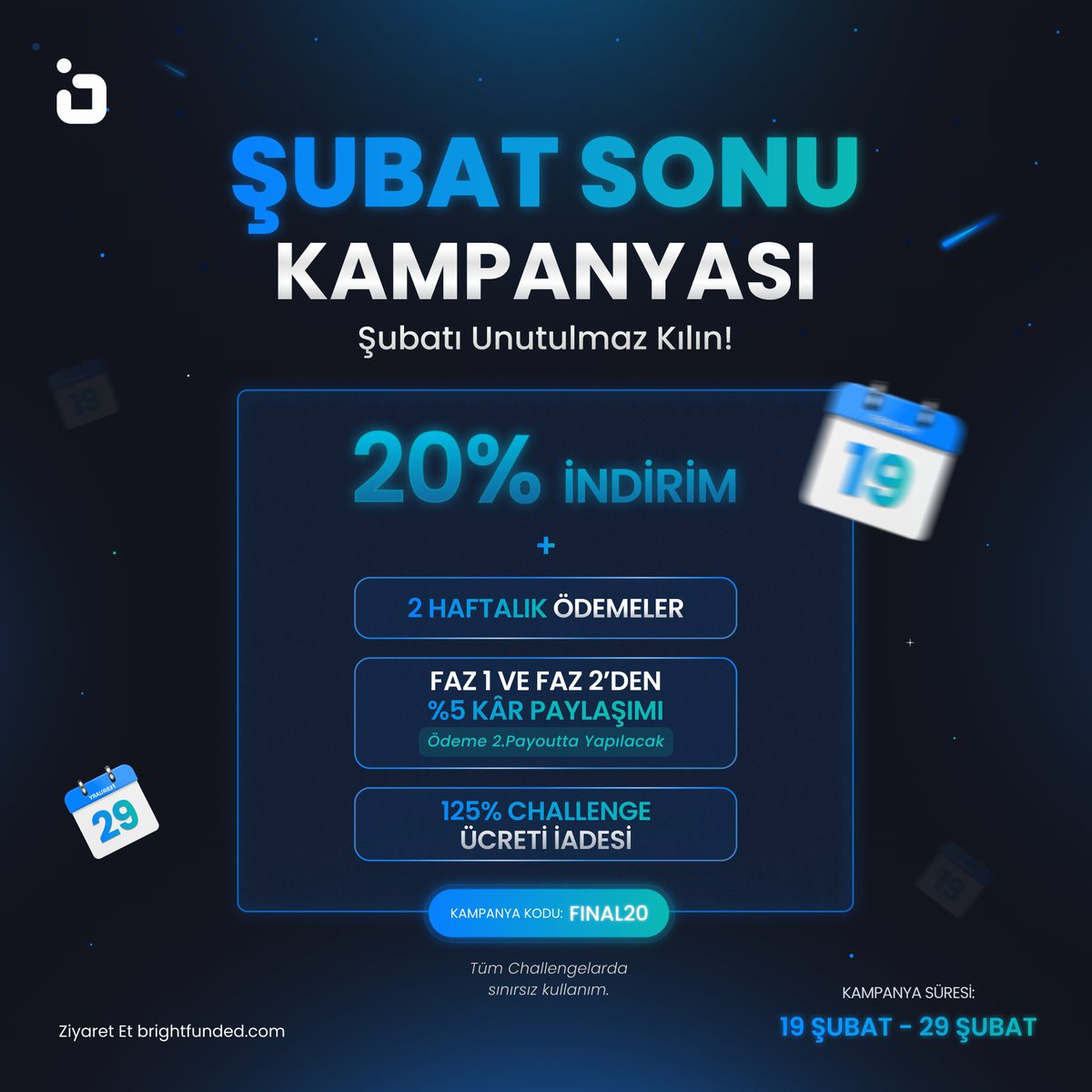 TradeDivine's tweet photo. ŞUBAT SONU KAMPANYASI

20% İNDİRİM + 2 HAFTALIK ÖDEMELER + FAZ 1 ve FAZ 2’den %5 KÂR PAYLAŞIMI + 125% CHALLENGE ÜCRETİ İADESİ

Kampanya Kodu: FINAL20

Link: https://t.co/CVMYQTAODU https://t.co/BY87TXY0JZ