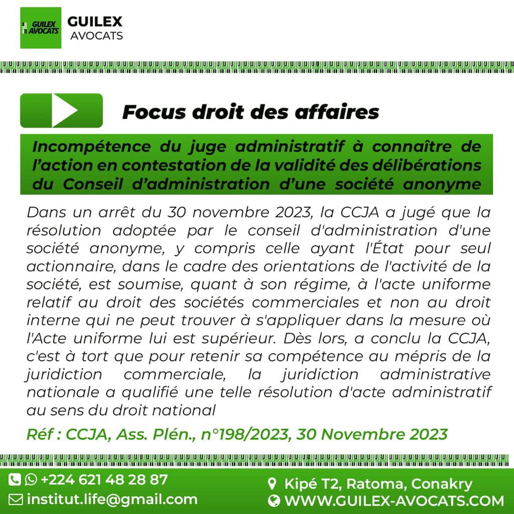 [FOCUS DROIT DES AFFAIRE]: Incompétence du juge administratif à connaître de l'action en contestation de la validité des délibérations du Conseil d'administration d'une société anonyme.