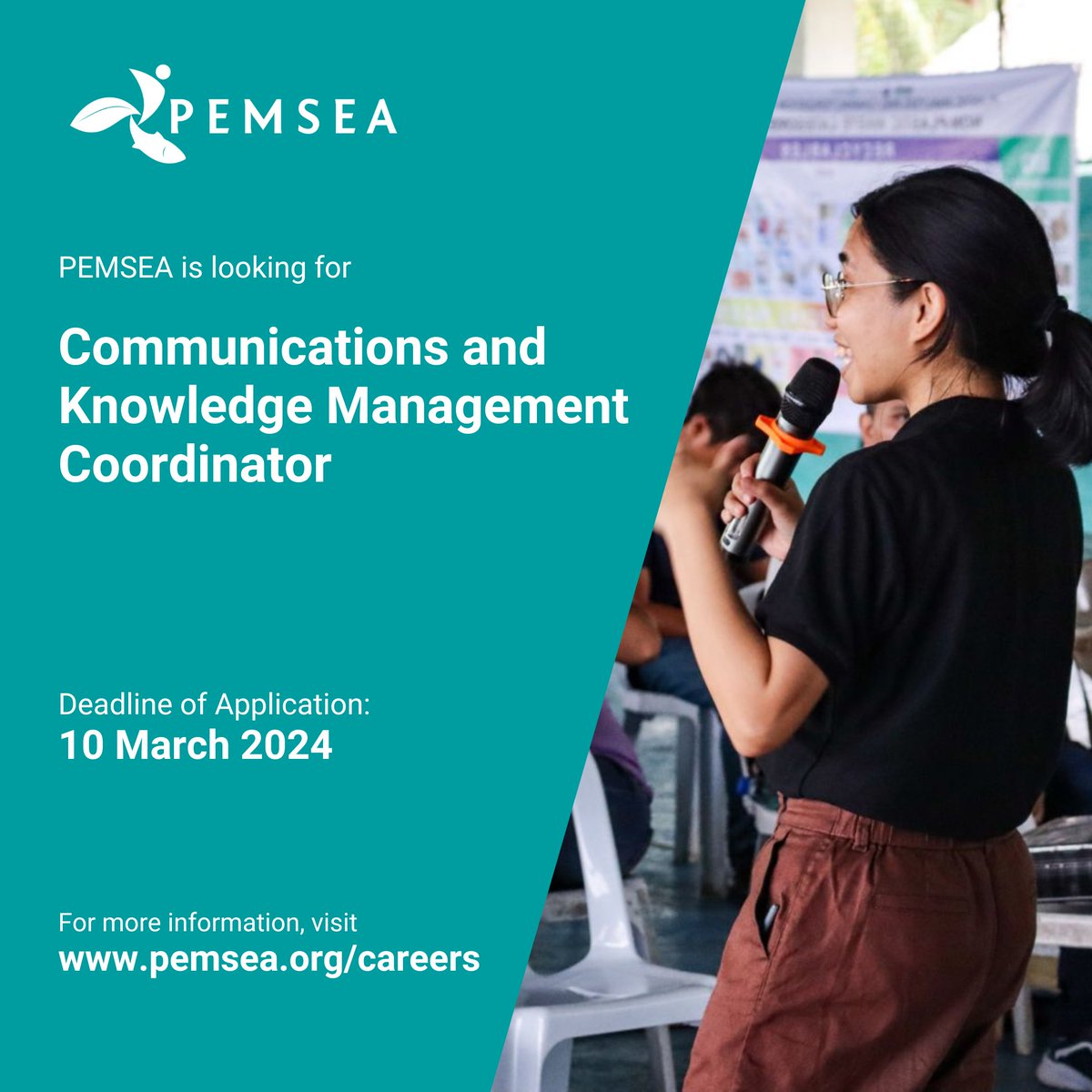 📣 @PEMSEA is hiring a 𝐂𝐨𝐦𝐦𝐮𝐧𝐢𝐜𝐚𝐭𝐢𝐨𝐧𝐬 𝐚𝐧𝐝 𝐊𝐧𝐨𝐰𝐥𝐞𝐝𝐠𝐞 𝐌𝐚𝐧𝐚𝐠𝐞𝐦𝐞𝐧𝐭 𝐂𝐨𝐨𝐫𝐝𝐢𝐧𝐚𝐭𝐨𝐫‼️ If you're a young professional with good vision on strategic communication💡 & organizing events🗣 for our ocean🌊, apply now to bit.ly/pemseacareers.