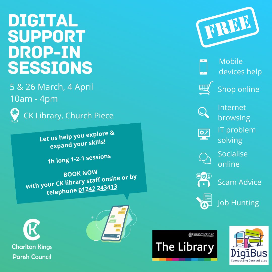 Join the DigiBus team at Charlton Kings Library for Digital support drop in sessions - 10am - 4pm ➡️5th March ➡️26th March ➡️4th April #digitalinclusion #gloucestershire