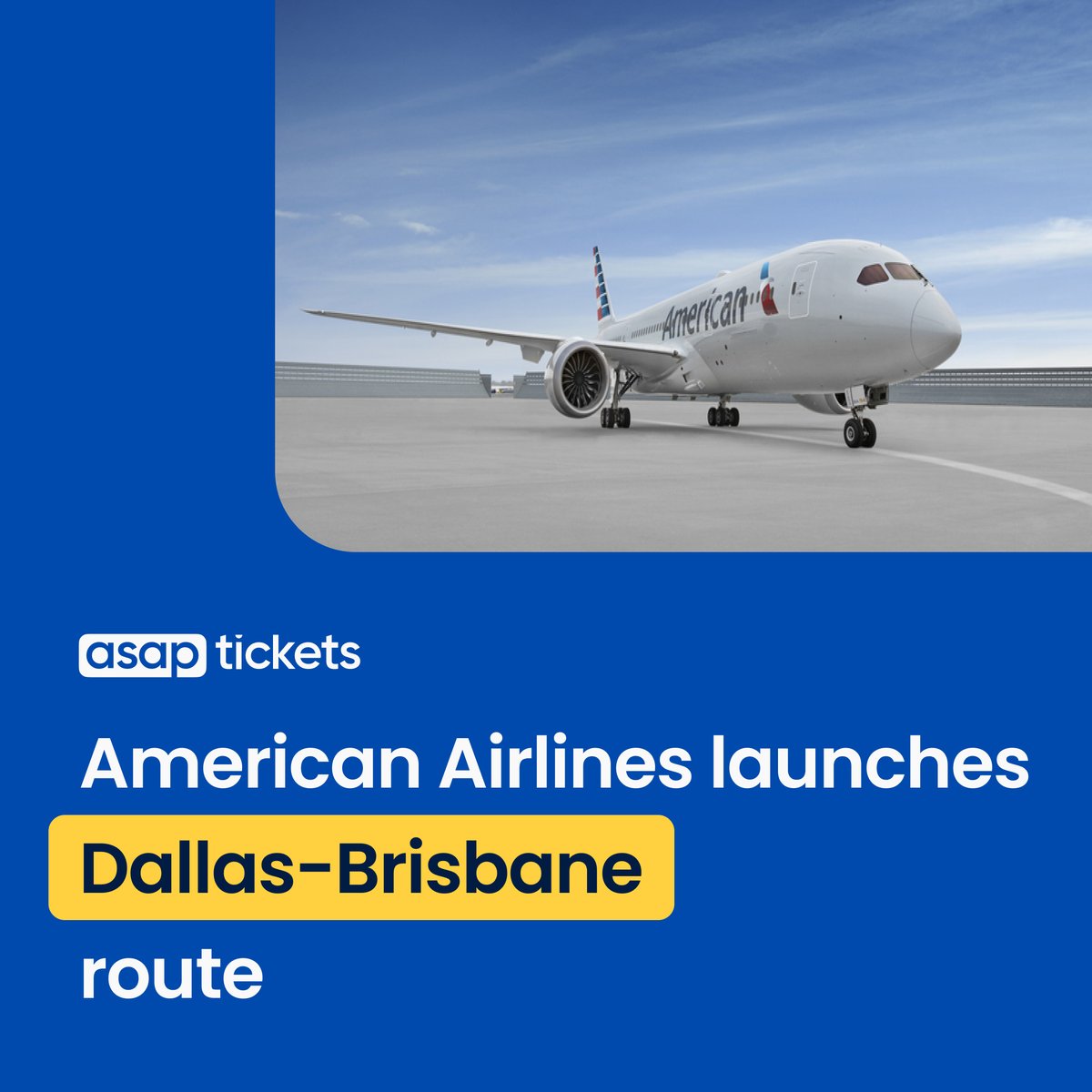 ASAPtickets's tweet photo. NEWS: As of late October 2024, @AmericanAir will launch a new daily seasonal flight between #Dallas (DFW) and #Brisbane (BNE). Spanning over 8,300 miles, this journey marks the airline's most extensive route yet. #travelnews #aviationnews #asaptickets #americanairlines https://t.co/5H1uOk7eRm