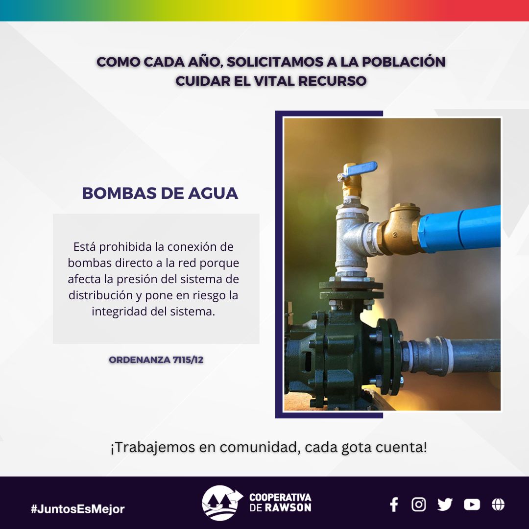CooperativadeRw's tweet photo. Te recordamos que esta vigente la Ordenanza Municipal N°7115/12 sobre el cuidado del agua.
⛔ Esta Prohibida la conexión de bombas directo a la red.

🤝 ¡Trabajemos en comunidad, cada gota cuenta! https://t.co/1qbKJI6VMM