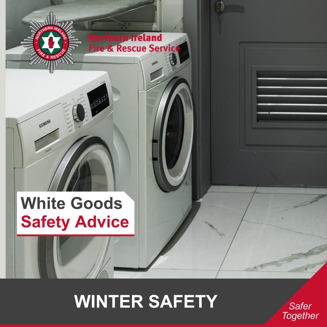 NIFRSOFFICIAL's tweet photo. You should never run white goods, such as a washing machine, tumble dryer or dishwasher, when you leave the house or are asleep.

These appliances are a fire risk and should not be left unattended🚫.

Read more of our safety advice👇
https://t.co/AS2t7DiJLm https://t.co/Bhjpip1Cot
