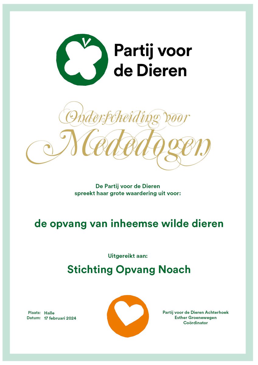 Stichting Opvang Noach in Halle vangt jaarlijks ca. 3500 inheemse wilde dieren op. Certificaat van Mededogen van Partij voor de Dieren. #PvdD #dierenwelzijn <a href="/fb_provGLD/">DFB Gelderland</a> #compassie #natuur #achterhoek