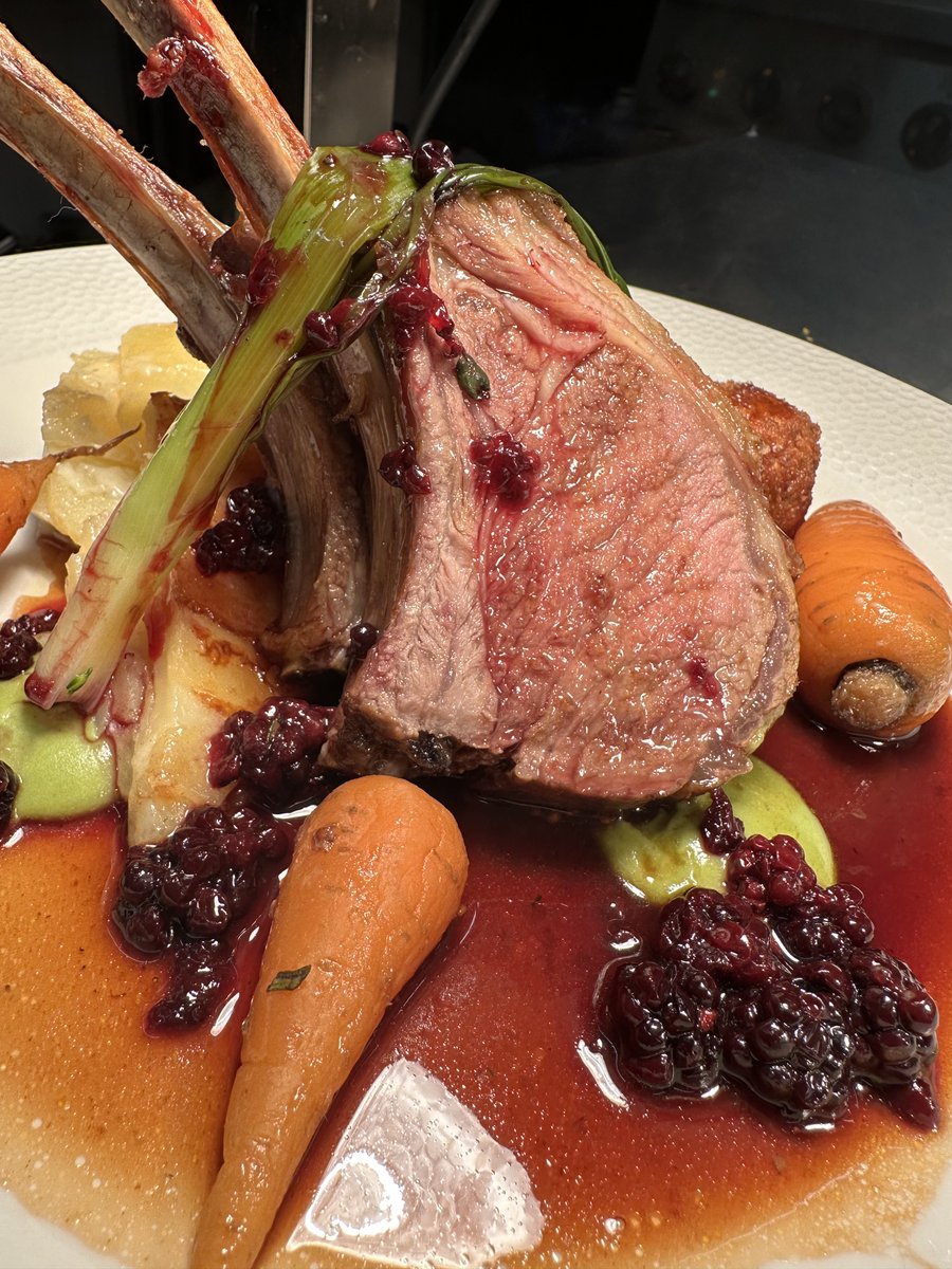 Lamb two ways, pan seared rack of lamb, pulled shoulder croquette, goats cheese dauphinoise, honeyed baby carrots, charred baby leeks, blackberry &amp; port jus.

#taunton #somerset #restaurant #southwest #dinner #Food