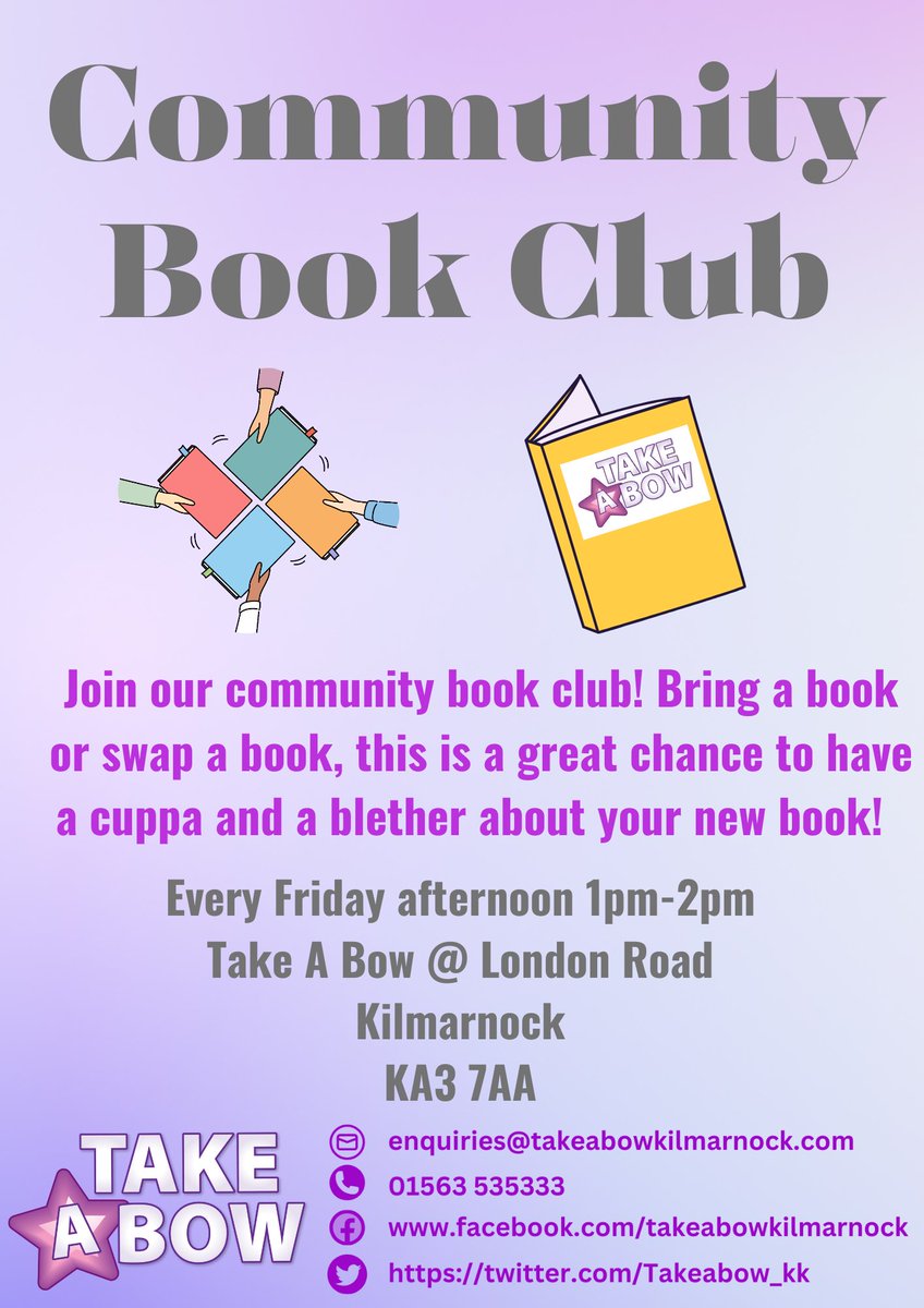 Community Book Club!!! Our Book Club will be commencing this Friday afternoon!! Come along between 1pm and 2pm this Friday for a cuppa, a blether and to grab a new book or swap a previous one!!