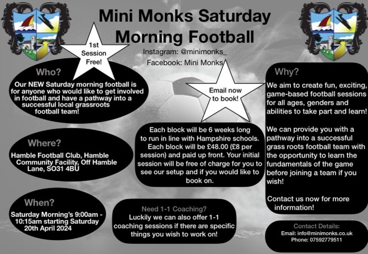 Hamble Club Youth FC (@hambleyouthfc) on Twitter photo 🟡Our New Mini Monks Saturday morning football 🟡
Starts 20th April - 9am - 10.15am
1st session free
To book email - info@minimonks.co.uk
Follow on Instagram - minimonks_ 🟡Our New Mini Monks Saturday morning football 🟡
Starts 20th April - 9am - 10.15am
1st session free
To book email - info@minimonks.co.uk
Follow on Instagram - minimonks_