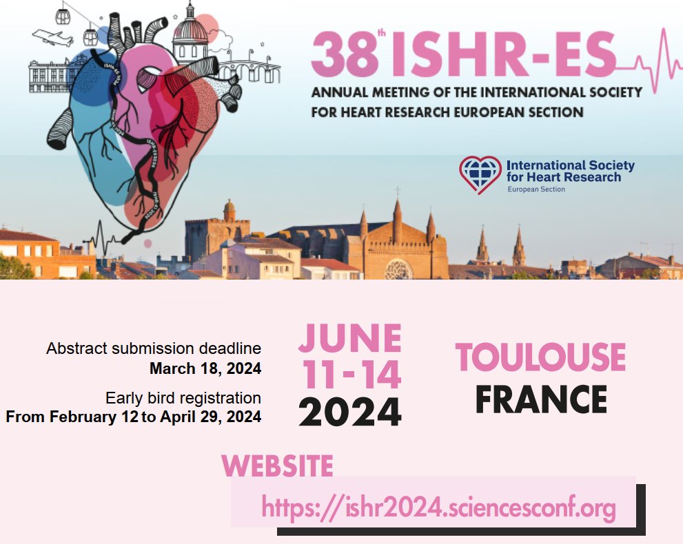 Abstract submissions are now open! The 38th Meeting of the European Section of the ISHR, in beautiful Toulouse, France - June 11-14, 2024. ishr2024.sciencesconf.org #cardiovascular #research #conference @ISHR_ECI @IshrMci @ISHR_NAS @JMCCardiology @jmcc @coeur_recherche @SFCardio