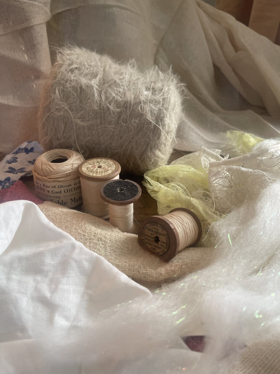 Sorting out some vintage yarns and fabric for next month’s Woad: A Year of Colour workshop, we’ll be having a go at slow stitch and how different fabrics and yarns take up woad dye as well as learning how to set up a woad vat. @KirkleesMuseums @WovenInKirklees #woad