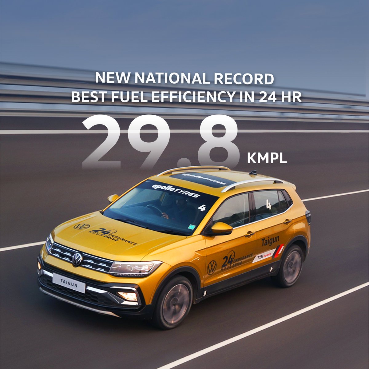 volkswagenindia's tweet photo. Volkswagen Taigun 1.0L dominated @Natrax_IND for 24 hours, setting new SUV records in max distance covered and best fuel efficiency. 

#Volkswagen #24HourEnduranceDrive #Virtus 

*provisional results https://t.co/99szdS96sV