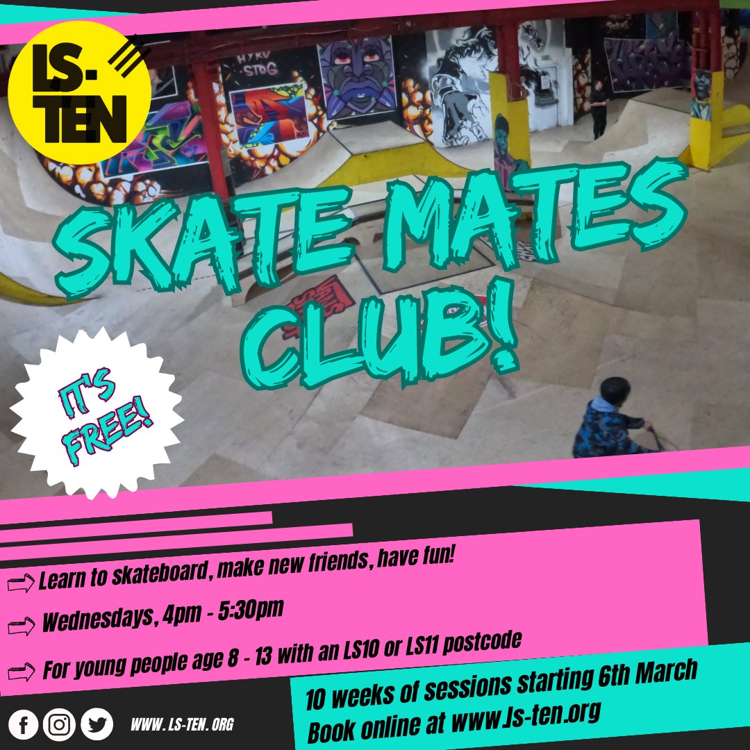 Thanks to funding from The Hedley Foundation, Skate Mates is back! 🥳 FREE skateboarding sessions in Leeds for young people with an LS10 or LS11 Postcode starting from the 6th March! More details at the link! ls-ten.org/skatemates