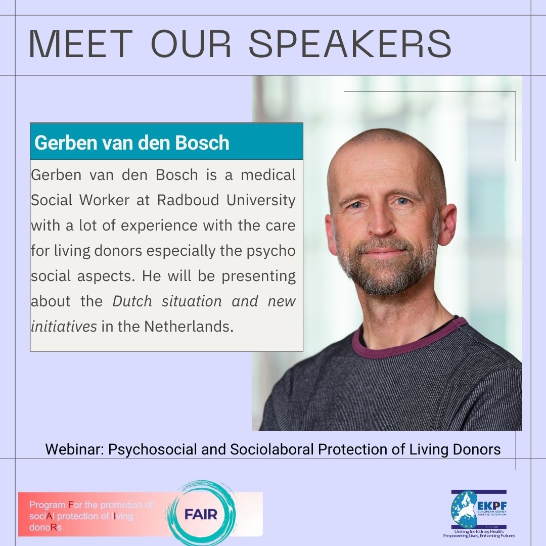 🗣️ Today we introduce you to Gerben van den Boch, a medical Social Worker at Radboud University. He will be speaking at the webinar about the current situation and new initiatives in the Netherlands. #LivingDonors #EKPF