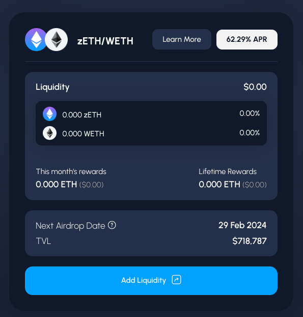 TomZeroLiquid's tweet photo. Bullish on $ETH?

Provide liquidity of ZeroLiquid's synthetic ETH token (zETH) paired with WETH on Curve and earn over 60% APR (variable) paid in ETH. 

👉 https://t.co/6D4ZUm8L1o https://t.co/0zUIBjfIz6