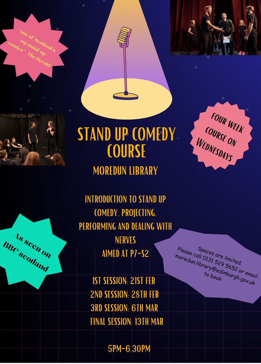 Our friends at Moredun Library are hosting a stand up comedy course for P7-S2. Contact them on the information detailed below to book your child’s place. 🎭
